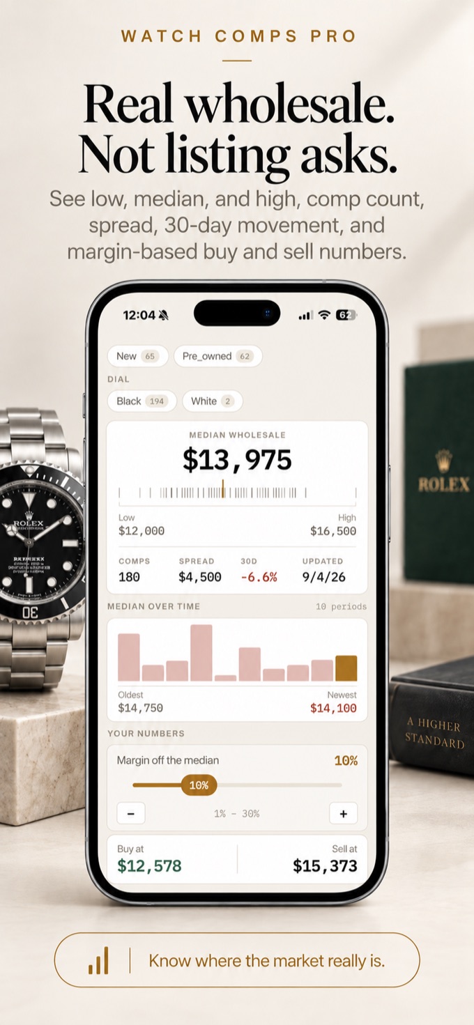 Watch Comps Pro on iPhone — median wholesale, spread, 30-day movement, and margin-based buy and sell numbers